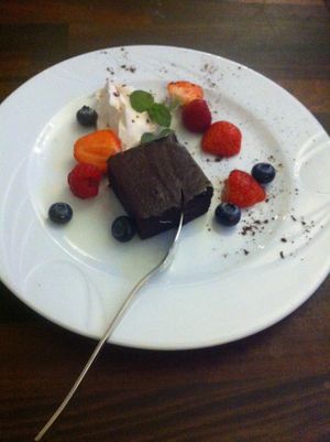 Wonderful chocolate cake at Nordlys Cafe og Spisehus in Copenhagen