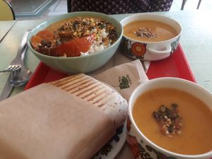 Vegan burrito, hot vegan curry salad and sweet potato soup! at Petite Nature in Rennes