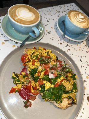 Tofu scramble and oat milk lattes. Very fresh and healthy!  at Rosie's Cafe in Hoi An