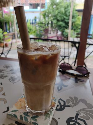 Coconut iced latte (with bamboo straw!) at Rosie's Cafe in Hoi An