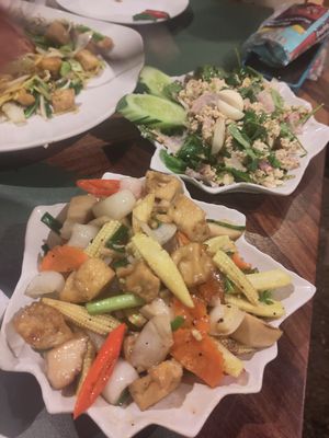 Stir-fried tofu with corn and mushrooms at EuroThai Restaurant  in Phuket