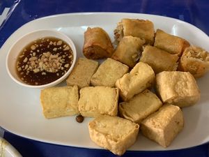 Tofu and spring rolls. Excellent. Best spring rolls ever!  at Vegetarian House  in Phuket