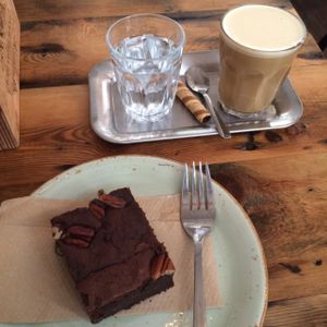 Vegan brownie & soya latte at Pot Kettle Black in Manchester
