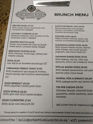 Pot Kettle Black menu at Pot Kettle Black in Manchester