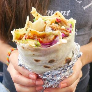 Vegan Doner Kebab! Tofu, chilli sauce, creamy garlic sauce and veggies  at What The Pitta in London