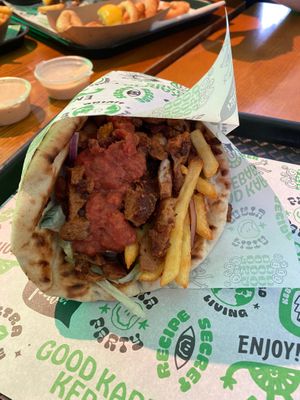 doner gyros with spicy sauce at What The Pitta in London