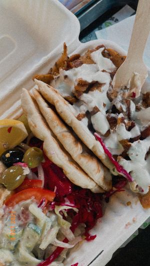 Mezze box with doner   at What The Pitta in London
