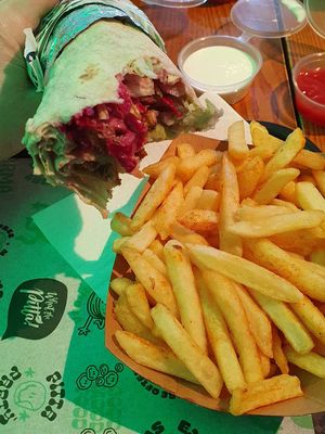 Kebab in a pitta wrap with fries. at What The Pitta in London