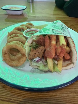 Chicken kebab and rings   at What The Pitta in London