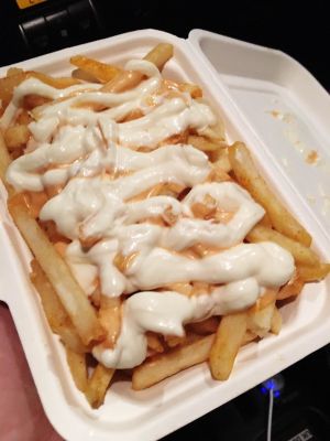 Delicious French fries with vegan mayo and spicy mayo at What The Pitta in London