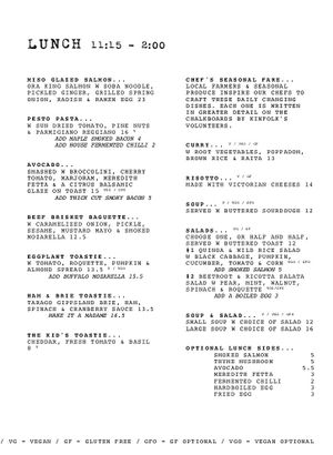 Lunch menu  at Kinfolk in Melbourne