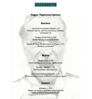 Vegan menu at the moment. Chef has advised this will change in February 2017 sometime. at Chinaskis in Glasgow