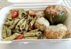 Veggie meal of the day: vegetable croquettes with gorgonzola sauce, pasta with basil and cherry tomatoes, stuffed green pepper (quinoa, carrot and green bean stuffing). Dessert was a churchill brigadeiro. at YoHoy in Escazu