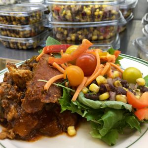 Tempeh mushroom enchiladas & roasted corn and bean salad ❤️ at Medford Food Co-op & The Cafe in Medford