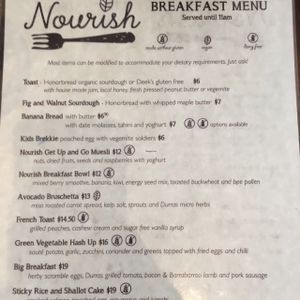 Café breakfast menu at Nourish on North  in Batemans Bay