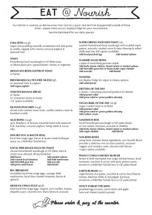Menu at Nourish on North  in Batemans Bay
