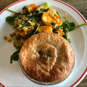 Curried pumpkin salad and mushroom & lentil pie (all vegan)  at Nourish on North  in Batemans Bay