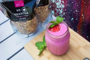 Strawberry Larry smoothie and home made granola  at Jucy Lu in Miami