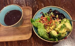 Vegan! Burrito Buddha bowl with loaded jackfruit. Plus refried beans at Las Iguanas in Torquay