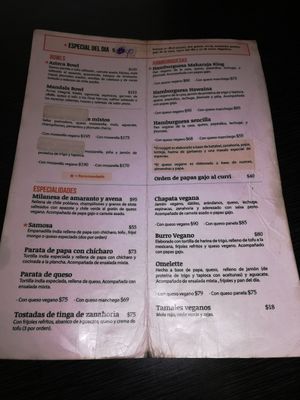 Menu at India Mandala in Mexico City