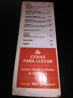 Menu at India Mandala in Mexico City