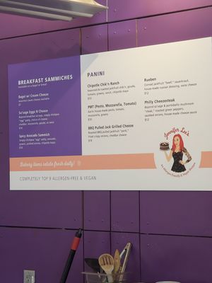 Food menu at Jennifer Lee's Gourmet Bakery in Boston