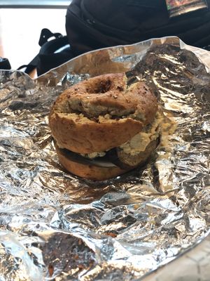 Breakfast of champions sandwich on onion bagel at Jennifer Lee's Gourmet Bakery in Boston