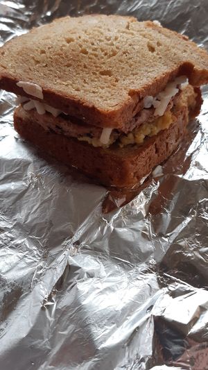 Cheese, egg and sausage sandwich at Jennifer Lee's Gourmet Bakery in Boston