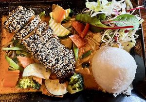 Vegan duck in mild red curry sauce.  at Chay Umi in Berlin