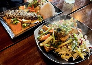 Both dishes together; vegan duck at the top and rice noodles with tofu and vegetables at the bottom  at Chay Umi in Berlin