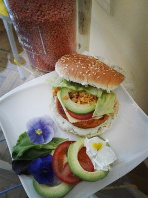 Our vegan tropical burger. at Papaya Saftbar - Mobile Juice Bar in Villach