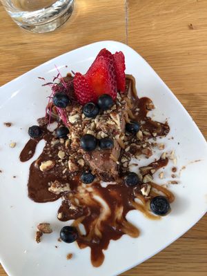 I couldn’t wait to take a bite of my Turtle Cake until after the pic...sorry, it is pure Heaven!!  at Living Kitchen in Raleigh