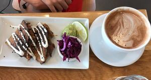 Chipotle Quesdilla, pickled cabbage, hot chocolate at Living Kitchen in Raleigh
