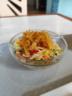 Mixed salad with home made kimchi on top at Vegeethouse in Jicin