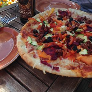 Vegan Pizza with Vegan Cheese at Amrita Cafe & Pizza Restaurant in Viljandi