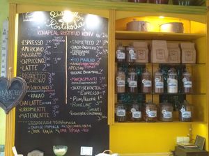 Drink menu and selection of spices at Rohelise Maja Pood ja Kohvik in Viljandi