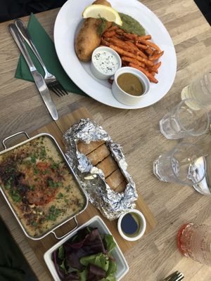 Fish and chips + gluten free vegetable lasagne (comes with salad and garlic bread) at The Cornish Vegan in Truro