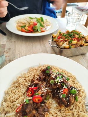 Mushroom fusion (front), poutine (middle) and curry (back) at The Cornish Vegan in Truro