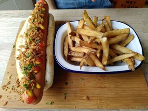 Hot dog and fries at The Cornish Vegan in Truro