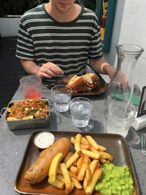 Fish (banana blossom) and chips, poutine and Reuben sandwich  at The Cornish Vegan in Truro