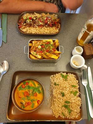 [Top to bottom] Mushroom Fusion, Poutine, Thai Red Curry at The Cornish Vegan in Truro