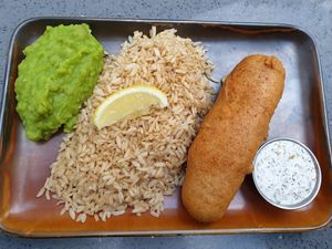F¡sh n chips [asked to swap to rice!], mushy peas and tartare sauce at The Cornish Vegan in Truro