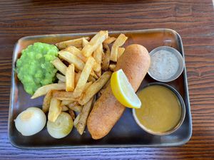 F’sh and chips - curry and peas  at The Cornish Vegan in Truro