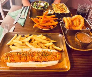 American Style Hotdog, Mac & Cheese, Onion Rings, and Sweet Potato Fries  at The Cornish Vegan in Truro