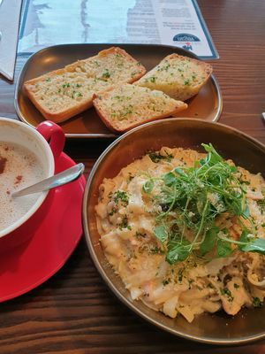 Tagliatelle carbonara + garlic bread at The Cornish Vegan in Truro