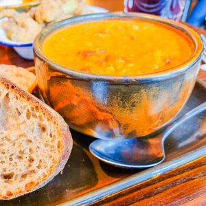Hearty and delicious Red Lentil and coconut soup at The Cornish Vegan  at The Cornish Vegan in Truro