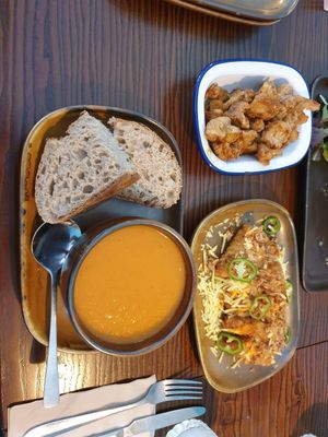 Soup of the day buffaloe wings and hashbrowns at The Cornish Vegan in Truro