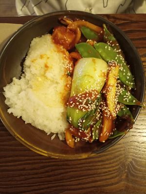 Sweet and sour stir fry with rice at The Cornish Vegan in Truro