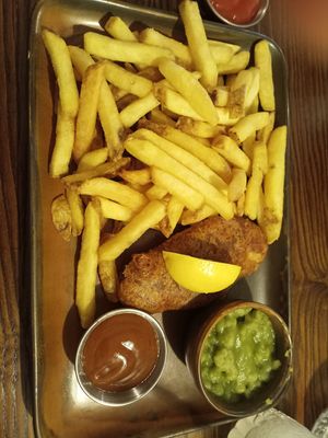 Fish & chips with mashed peas at The Cornish Vegan in Truro