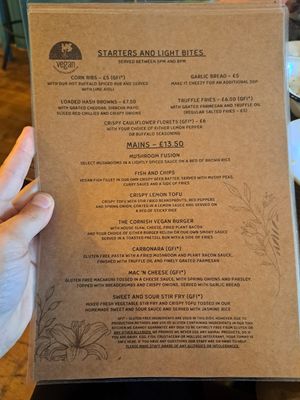Evening menu at The Cornish Vegan in Truro